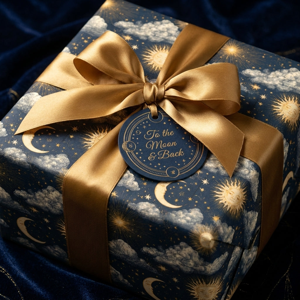 Celestial luxury gift wrap with gold moon and sun pattern, satin ribbon, and tag by Wrapped Studios.
