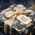 Celestial moon and stars wrapping paper with a cream velvet bow, luxury gift wrap by Wrapped Studios.