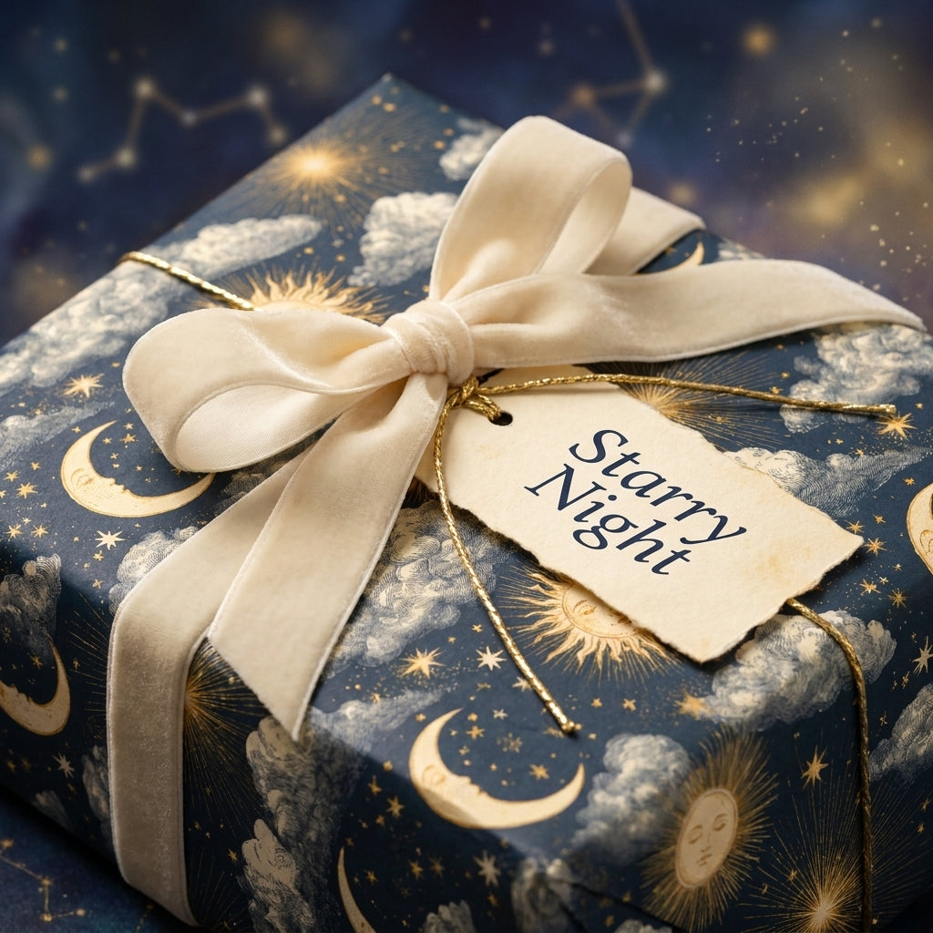 Celestial moon and stars wrapping paper with a cream velvet bow, luxury gift wrap by Wrapped Studios.