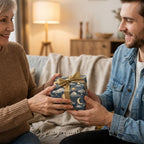 Man giving a gift in blue and gold celestial wrapping paper with moon and stars by Wrapped Studios.