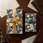Vintage celestial wrapping paper with sun and moon pattern on gifts by Wrapped Studios.