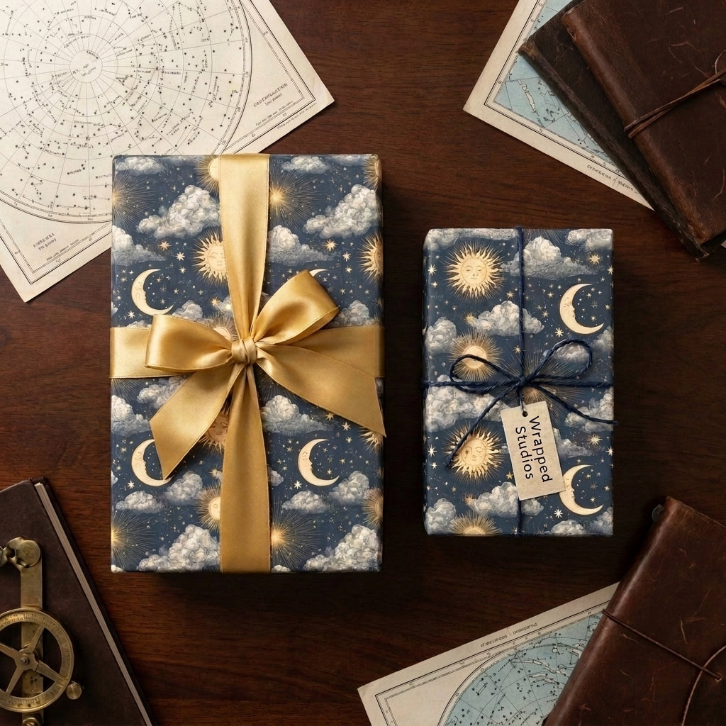 Vintage celestial wrapping paper with sun and moon pattern on gifts by Wrapped Studios.