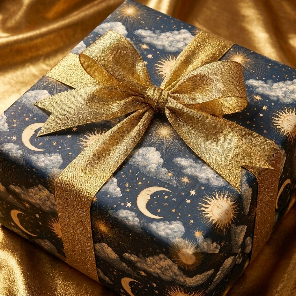 Luxury celestial wrapping paper with vintage sun and moon print, gold bow by Wrapped Studios.