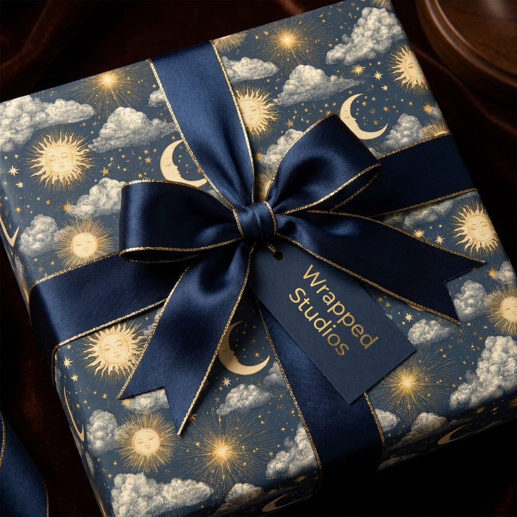 Luxury celestial wrapping paper with gold suns and moons on navy blue, with a satin bow from Wrapped Studios.