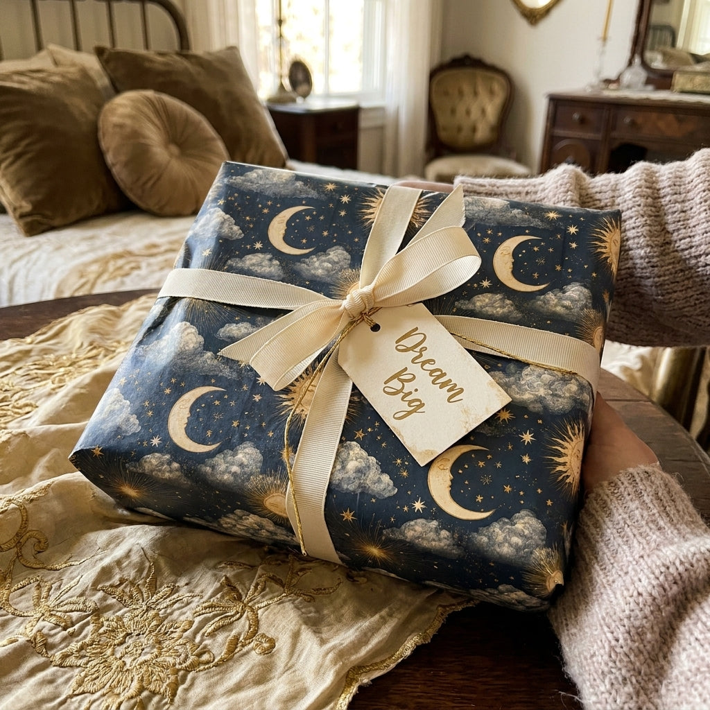 Celestial moon and stars gift wrap with cream bow and Dream Big tag, by Wrapped Studios.