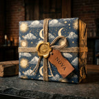 Celestial wrapping paper with a vintage sun and moon pattern on a gift tied with twine by Wrapped Studios.