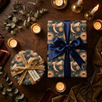 Celestial wrapping paper with a vintage sun and moon pattern on gift boxes by Wrapped Studios.