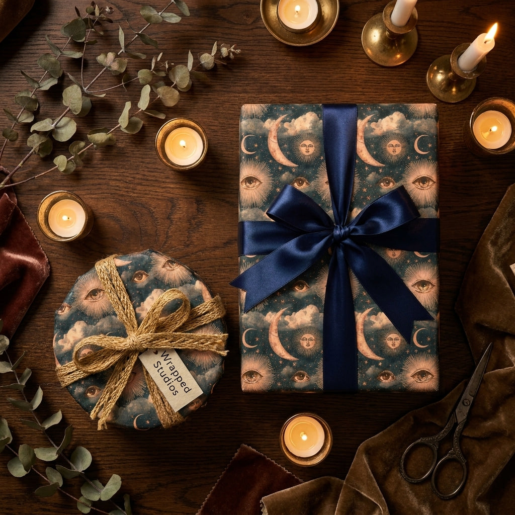 Celestial wrapping paper with a vintage sun and moon pattern on gift boxes by Wrapped Studios.