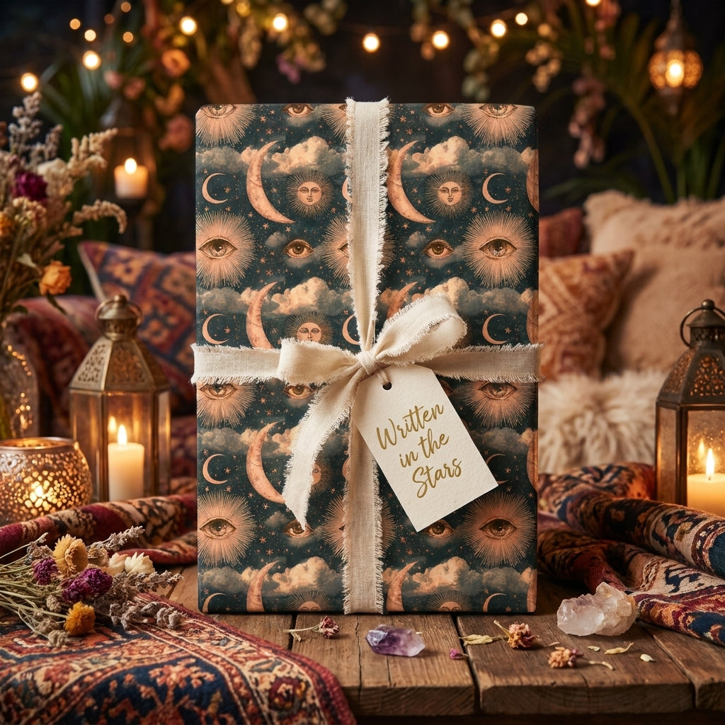 Celestial wrapping paper with mystical moon and sun patterns by Wrapped Studios, tied with a cream ribbon.