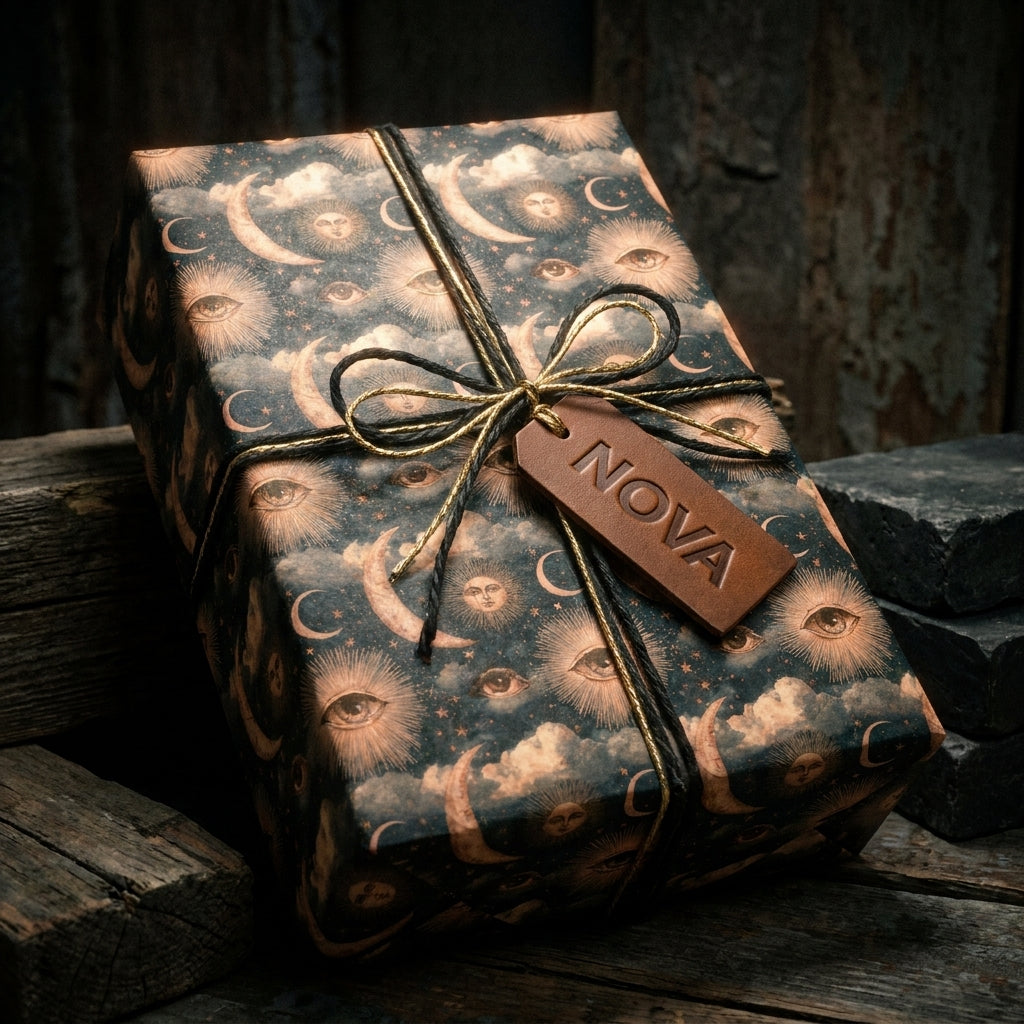 Mystical celestial wrapping paper with vintage moon and sun patterns on a gift box by Wrapped Studios.
