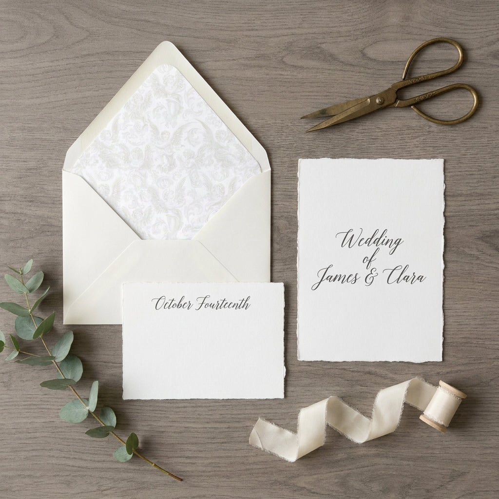 Elegant wedding invitation mockup with deckled edge cards, silk ribbon, and eucalyptus by Wrapped Studios.