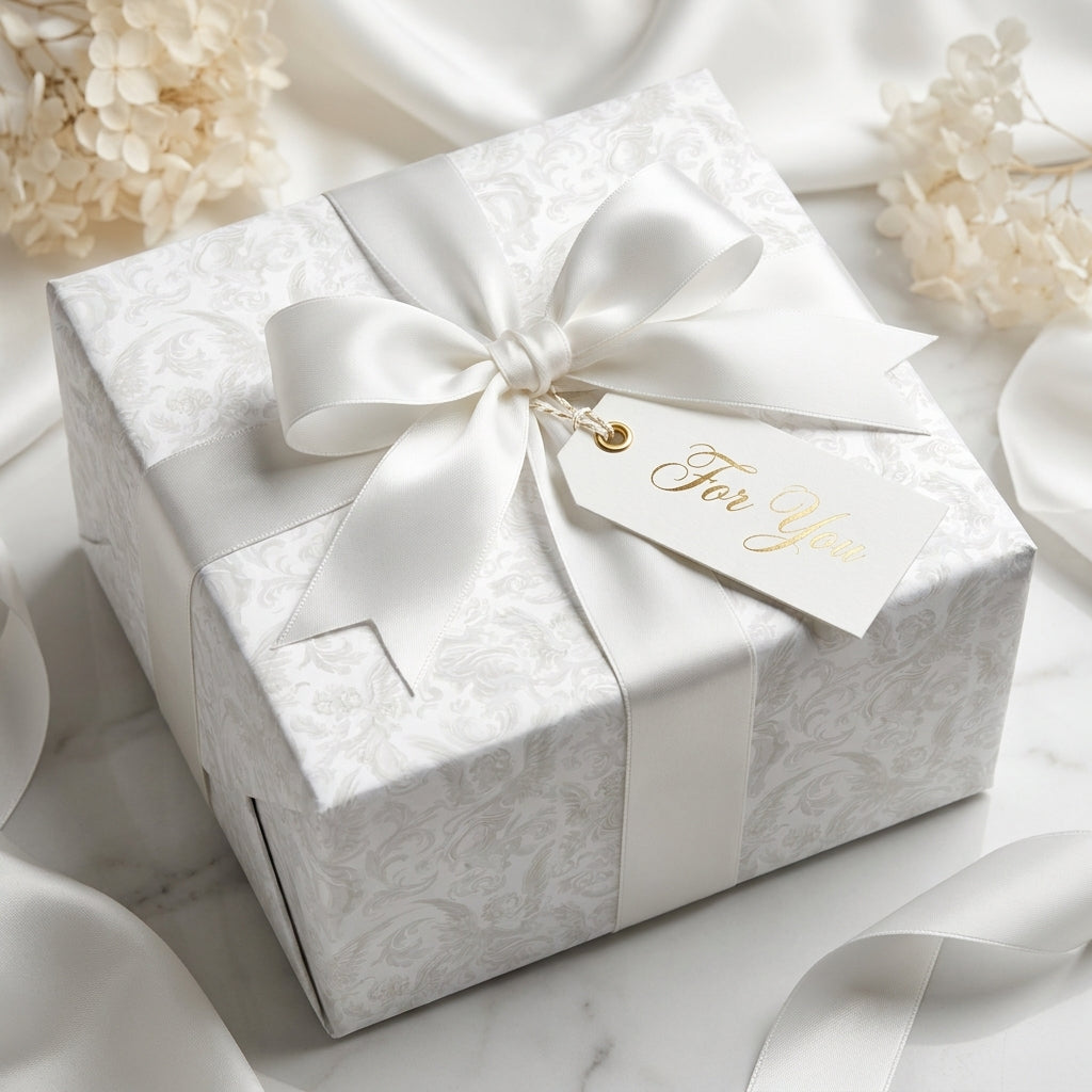 Elegant white damask wrapping paper on a luxury wedding gift with a satin bow and tag by Wrapped Studios.