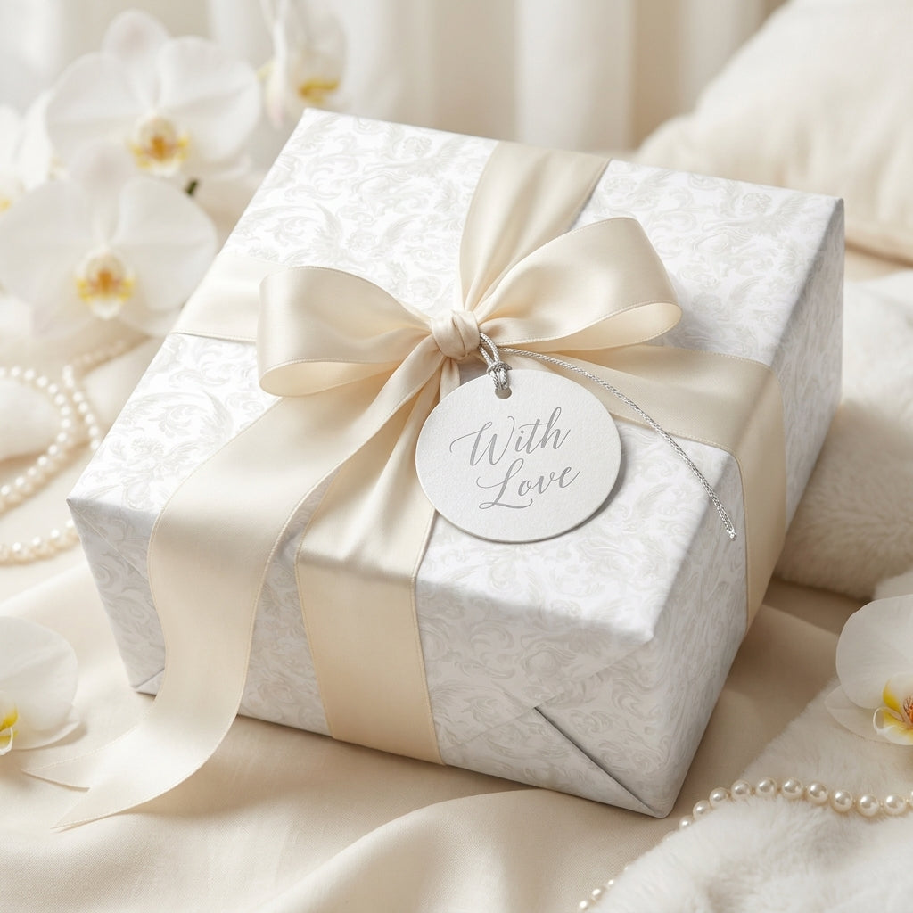 Elegant wedding wrapping paper in cream damask with satin bow, luxury gift wrap by Wrapped Studios.