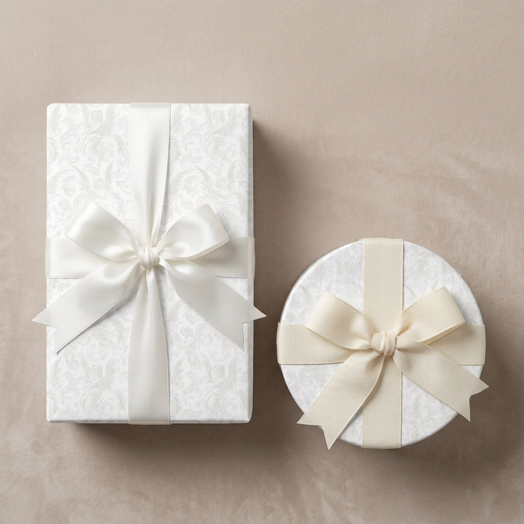 Elegant white wedding wrapping paper with luxury damask pattern and cream bows by Wrapped Studios.