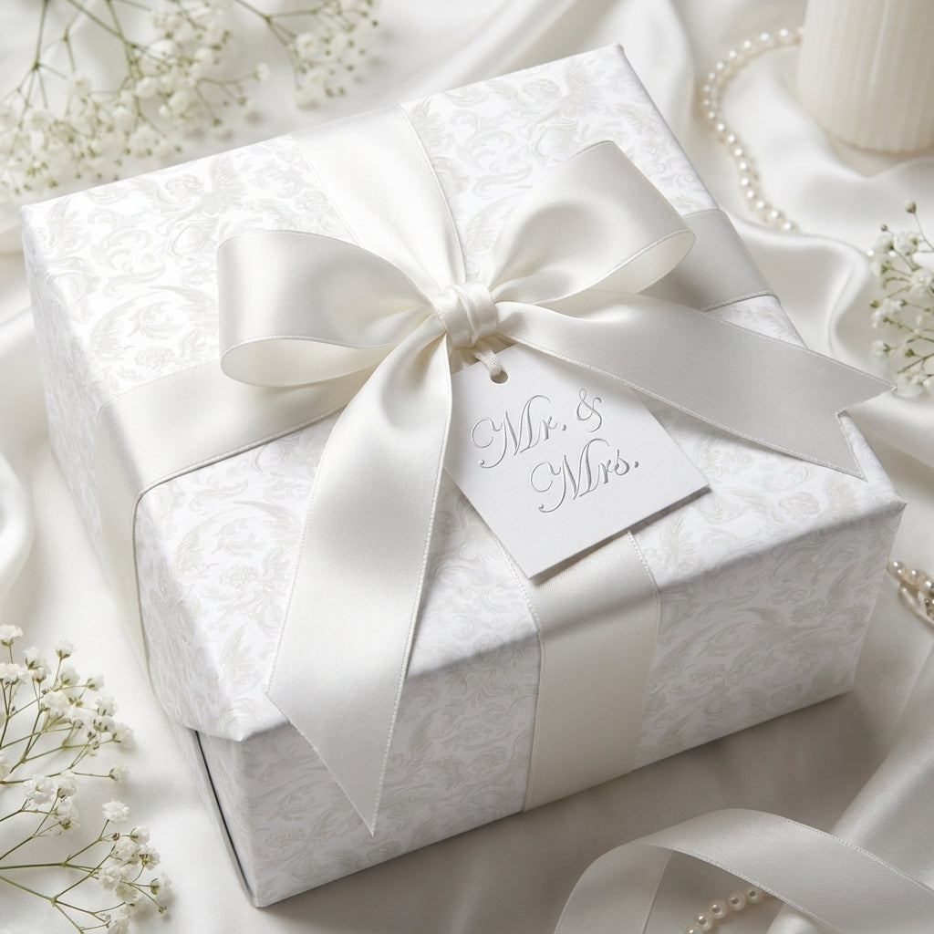Elegant white damask wedding wrapping paper with satin bow and Mr. & Mrs. tag by Wrapped Studios.