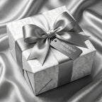 Elegant silver damask wrapping paper with a luxury satin ribbon bow by Wrapped Studios.