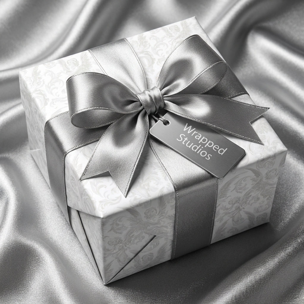 Elegant silver damask wrapping paper with a luxury satin ribbon bow by Wrapped Studios.