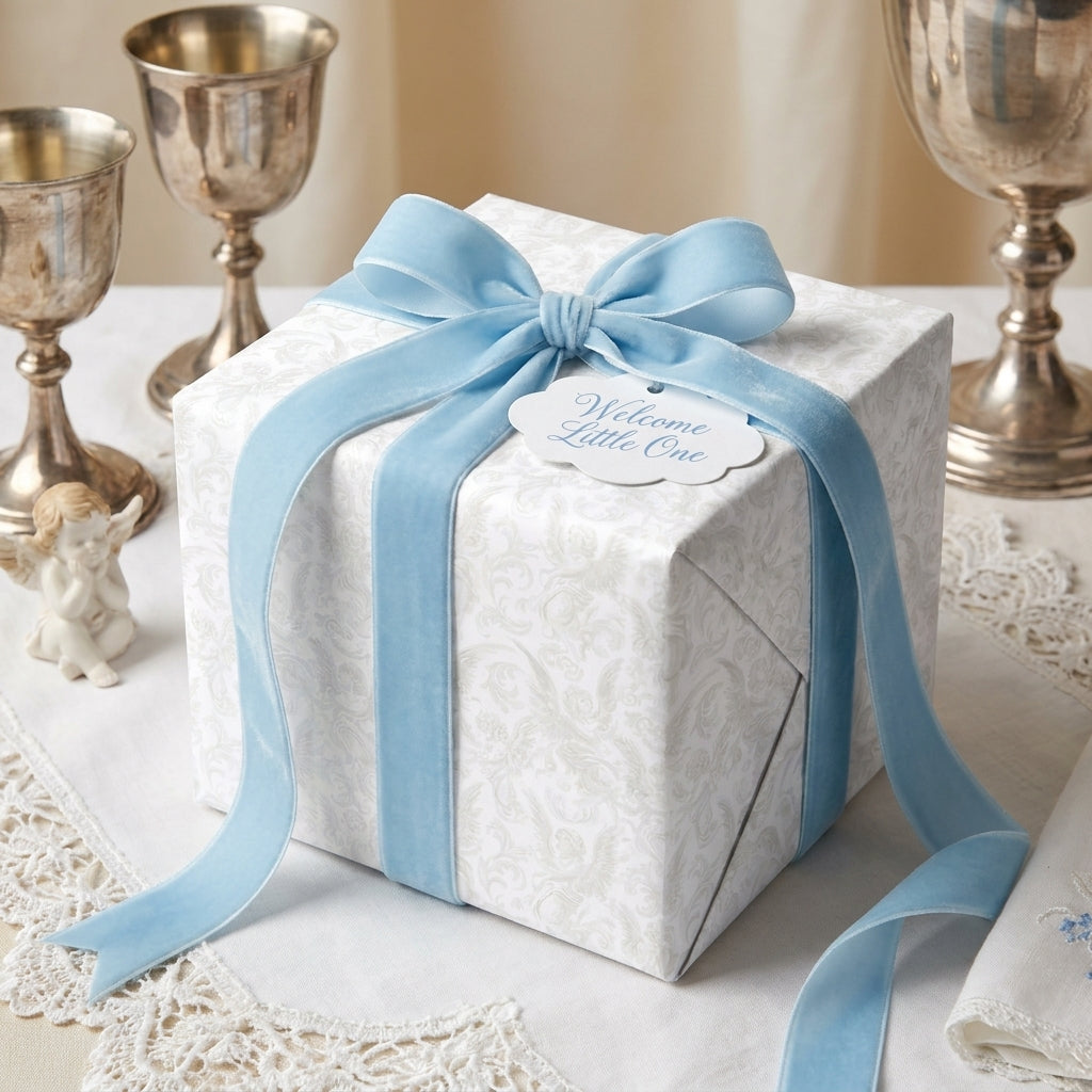 Luxury baby shower wrapping paper with blue velvet ribbon and 'Welcome Little One' tag by Wrapped Studios.