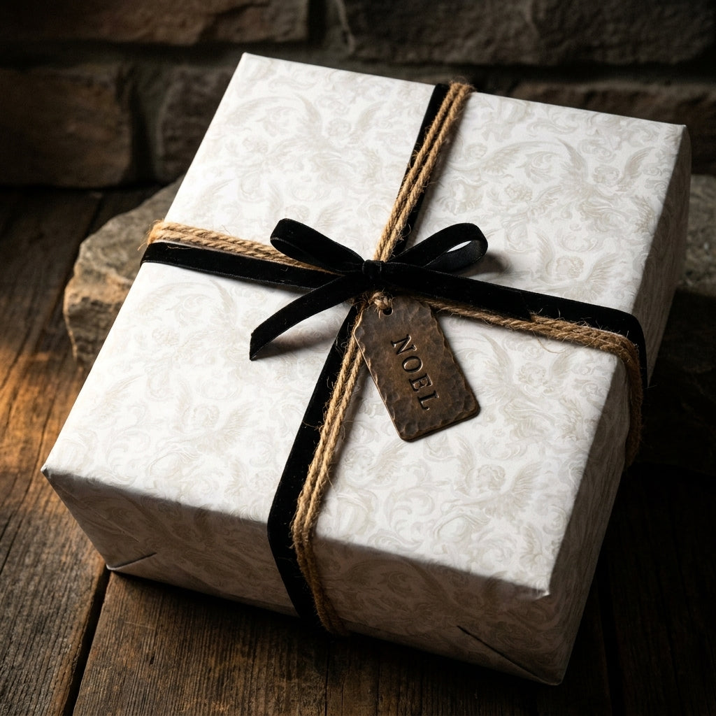 Luxury Christmas gift wrap by Wrapped Studios on a gift box with black velvet ribbon and a rustic Noel tag.