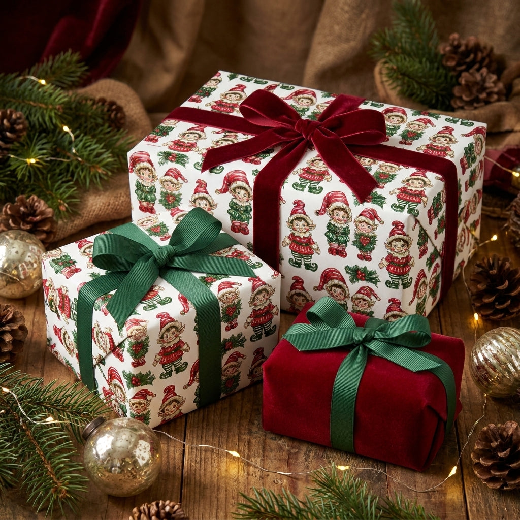 Vintage Christmas elf wrapping paper on gifts with red and green velvet ribbons by Wrapped Studios.