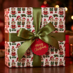 Vintage elf Christmas wrapping paper with green satin bow and Merry Christmas tag by Wrapped Studios.