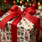 Vintage elf Christmas wrapping paper by Wrapped Studios on a gift with a red ribbon bow and 'Open Me' tag.