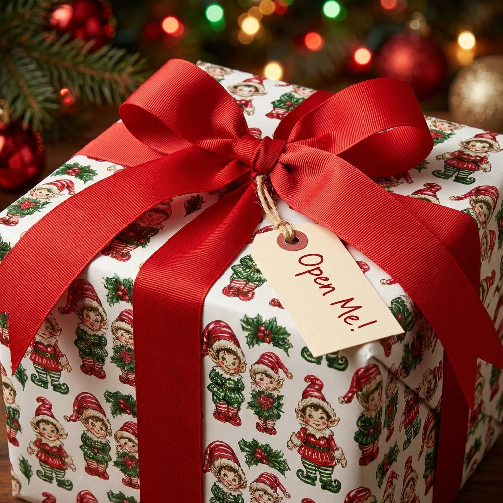 Vintage elf Christmas wrapping paper by Wrapped Studios on a gift with a red ribbon bow and 'Open Me' tag.