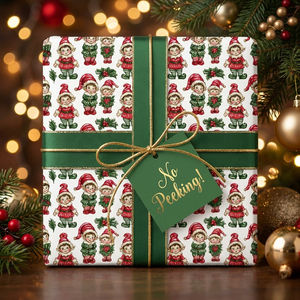 Vintage elf Christmas wrapping paper with green ribbon and No Peeking tag by Wrapped Studios.