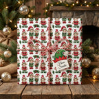 Vintage elf Christmas wrapping paper by Wrapped Studios on a gift box with a From Santa tag.
