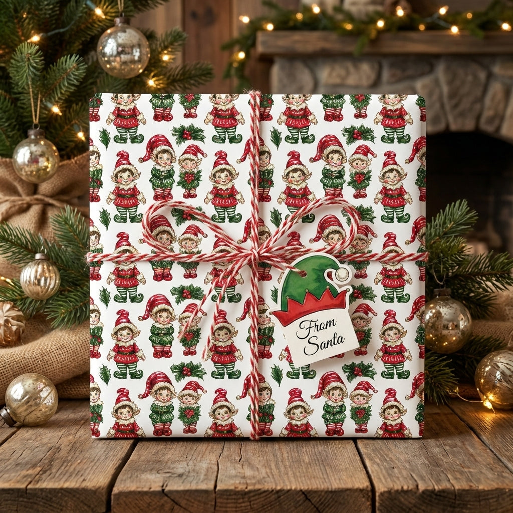 Vintage elf Christmas wrapping paper by Wrapped Studios on a gift box with a From Santa tag.