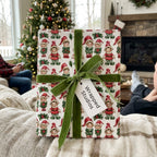 Retro elf Christmas wrapping paper with green velvet ribbon in cozy holiday setting by Wrapped Studios.