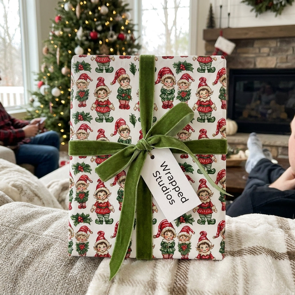 Retro elf Christmas wrapping paper with green velvet ribbon in cozy holiday setting by Wrapped Studios.