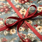 Vintage Christmas wrapping paper with blue floral print and red ribbon bow by Wrapped Studios.