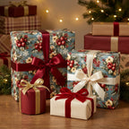 Blue floral Christmas wrapping paper with red berries and luxury satin ribbons by Wrapped Studios.