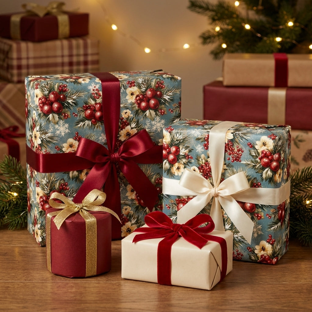 Blue floral Christmas wrapping paper with red berries and luxury satin ribbons by Wrapped Studios.