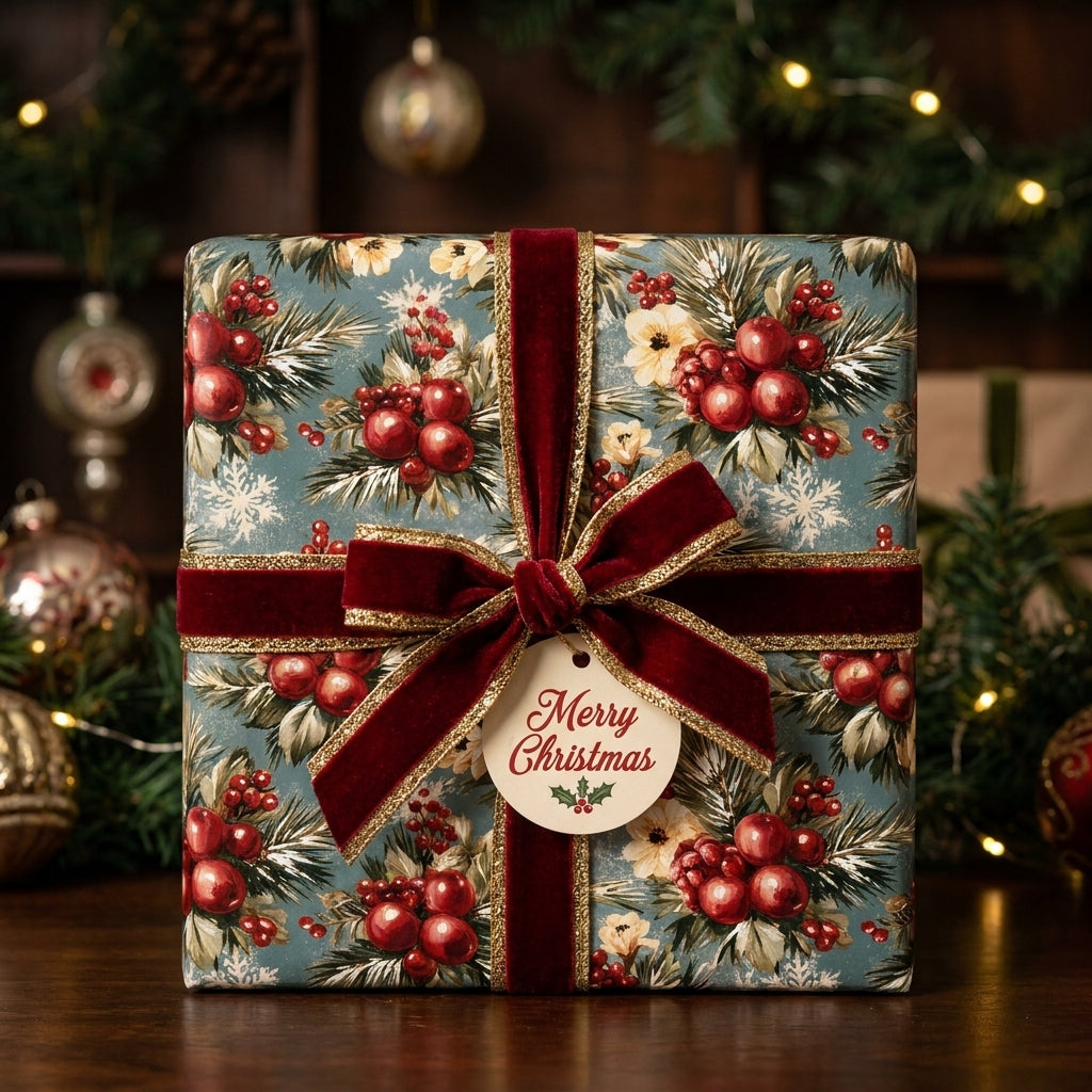 Vintage Christmas wrapping paper from Wrapped Studios with a botanical berry pattern and luxury red velvet bow.