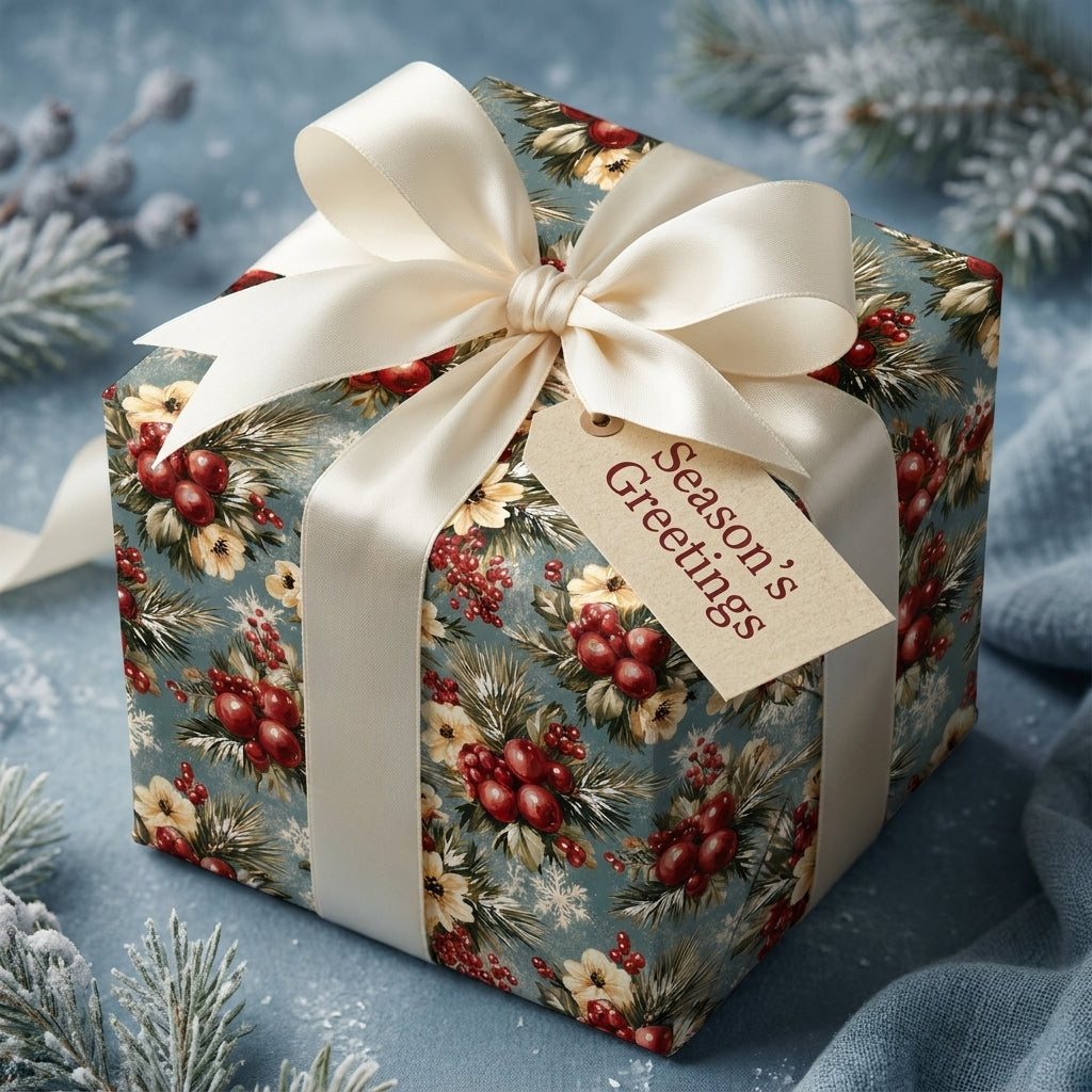 Vintage floral Christmas wrapping paper with a cream satin ribbon by Wrapped Studios.