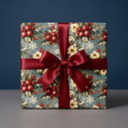 Luxury vintage Christmas wrapping paper with botanical berries and burgundy bow by Wrapped Studios.