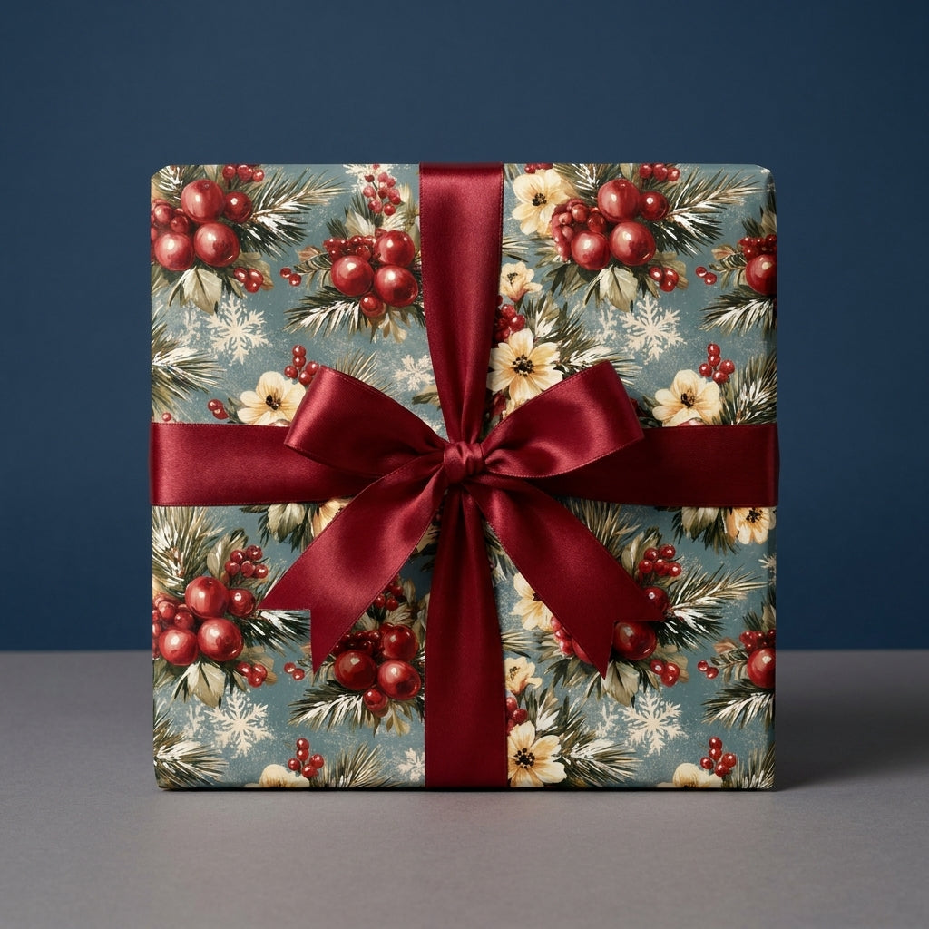 Luxury vintage Christmas wrapping paper with botanical berries and burgundy bow by Wrapped Studios.
