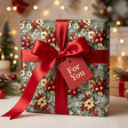 Luxury Christmas gift wrap with a vintage floral berry print and red satin bow by Wrapped Studios.