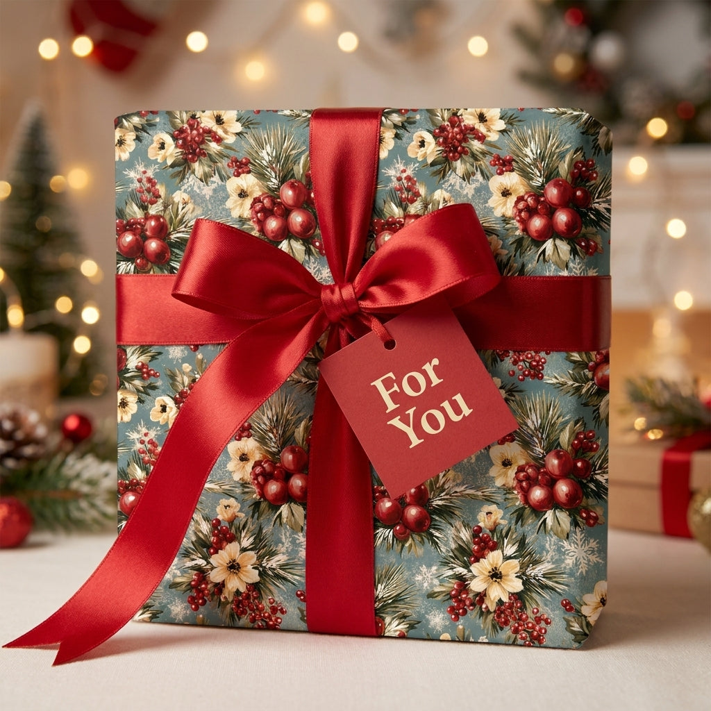 Luxury Christmas gift wrap with a vintage floral berry print and red satin bow by Wrapped Studios.
