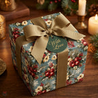 Luxury vintage Christmas wrapping paper with berries, pine, and a gold ribbon by Wrapped Studios.