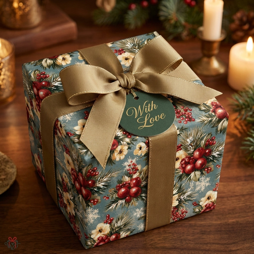 Luxury vintage Christmas wrapping paper with berries, pine, and a gold ribbon by Wrapped Studios.
