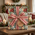 Luxury botanical Christmas wrapping paper with red striped bow on holiday table, by Wrapped Studios.