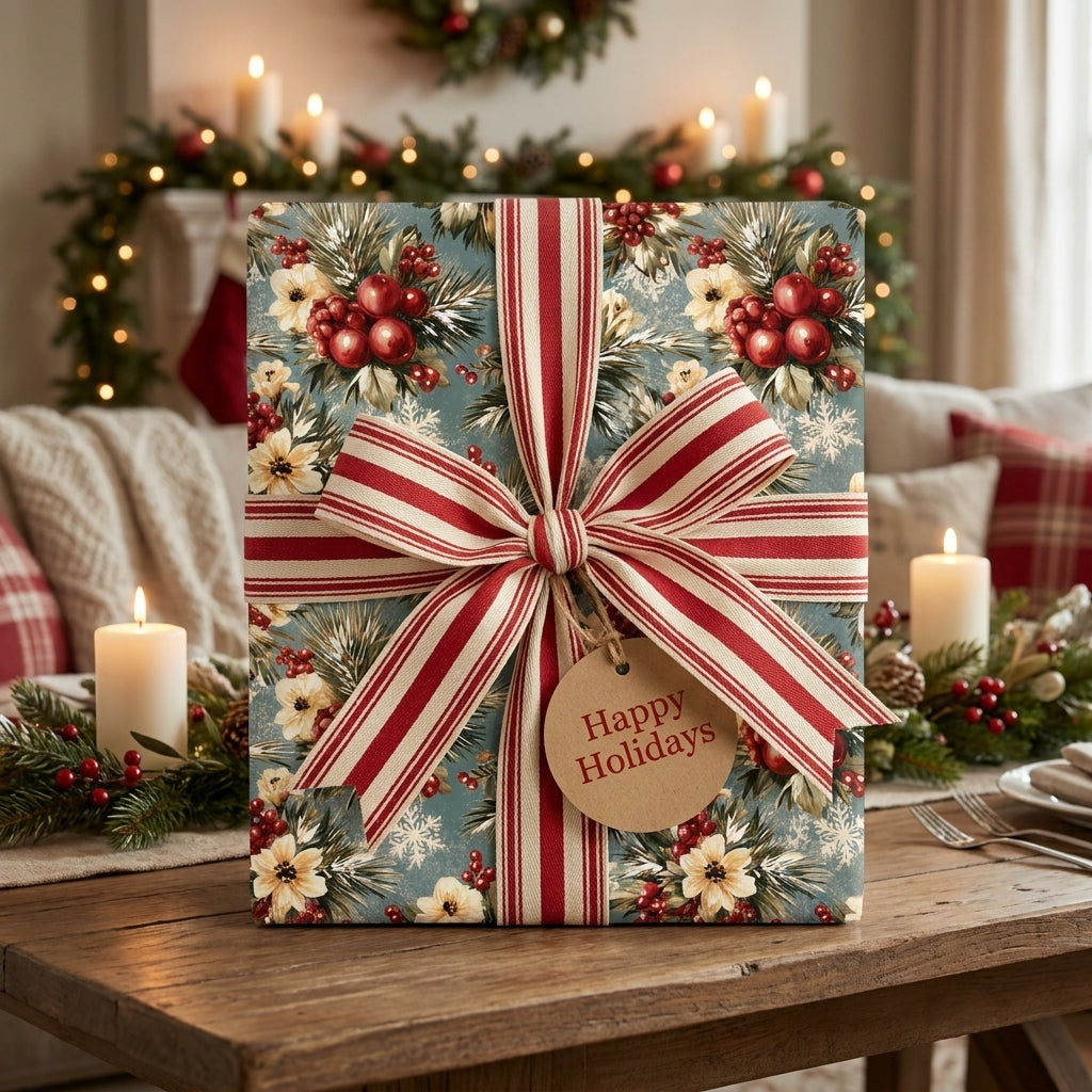Luxury botanical Christmas wrapping paper with red striped bow on holiday table, by Wrapped Studios.