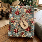 Rustic blue Christmas wrapping paper with berry and pine botanical print by Wrapped Studios.