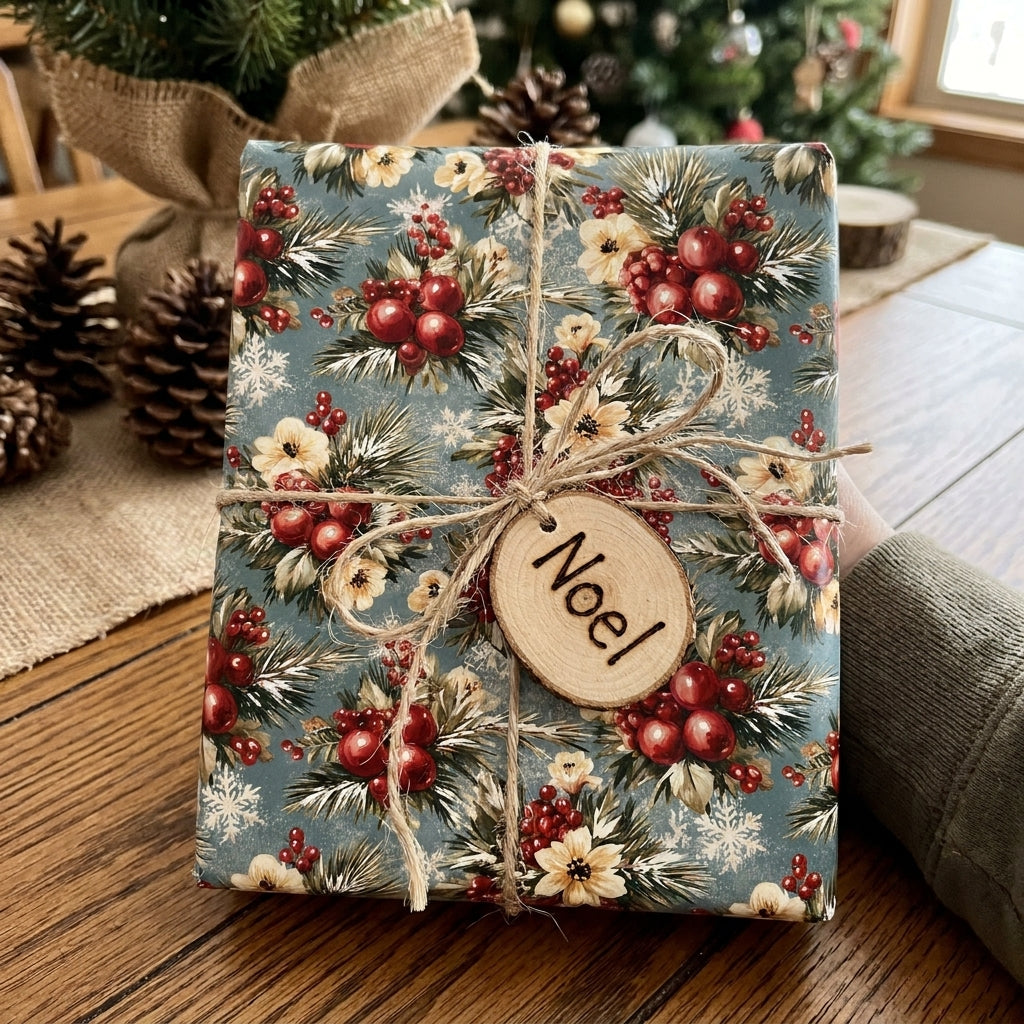 Rustic blue Christmas wrapping paper with berry and pine botanical print by Wrapped Studios.
