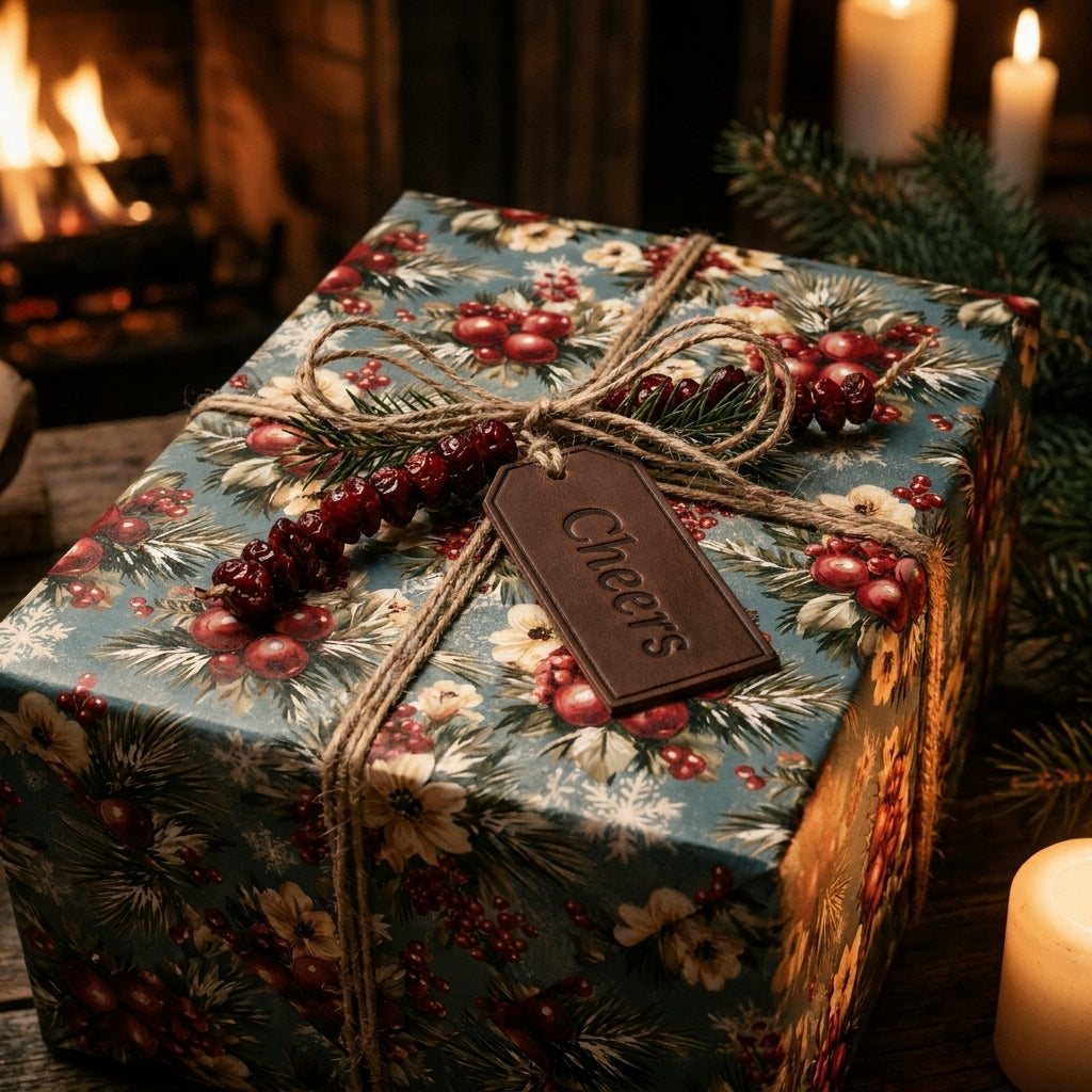 Vintage botanical Christmas wrapping paper with a rustic twine bow and leather tag by Wrapped Studios.
