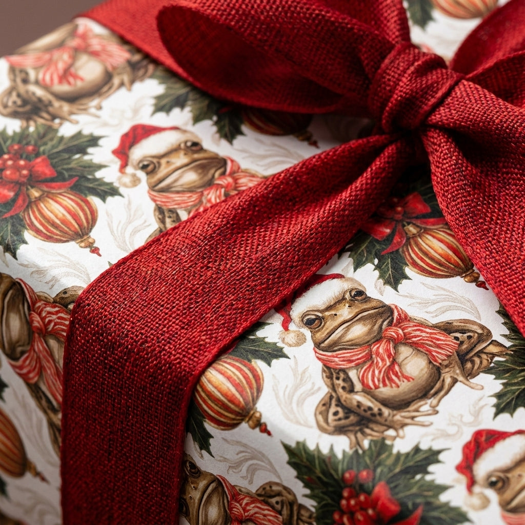 Whimsical Christmas frog wrapping paper with a red bow. Vintage holiday gift wrap by Wrapped Studios.