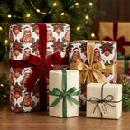 Whimsical Christmas gift wrap with vintage holiday frog pattern and red velvet bow by Wrapped Studios.